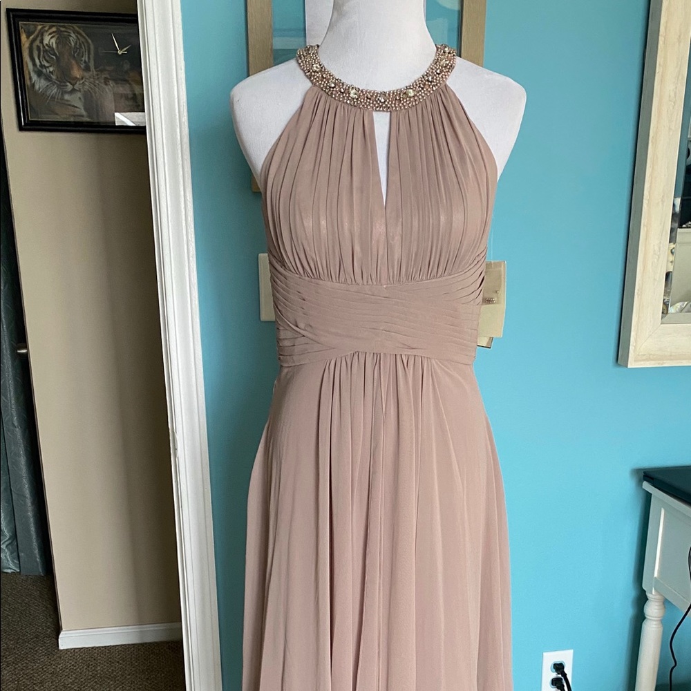Eliza J taupe chiffon formal gown...Size US8. NWT.
